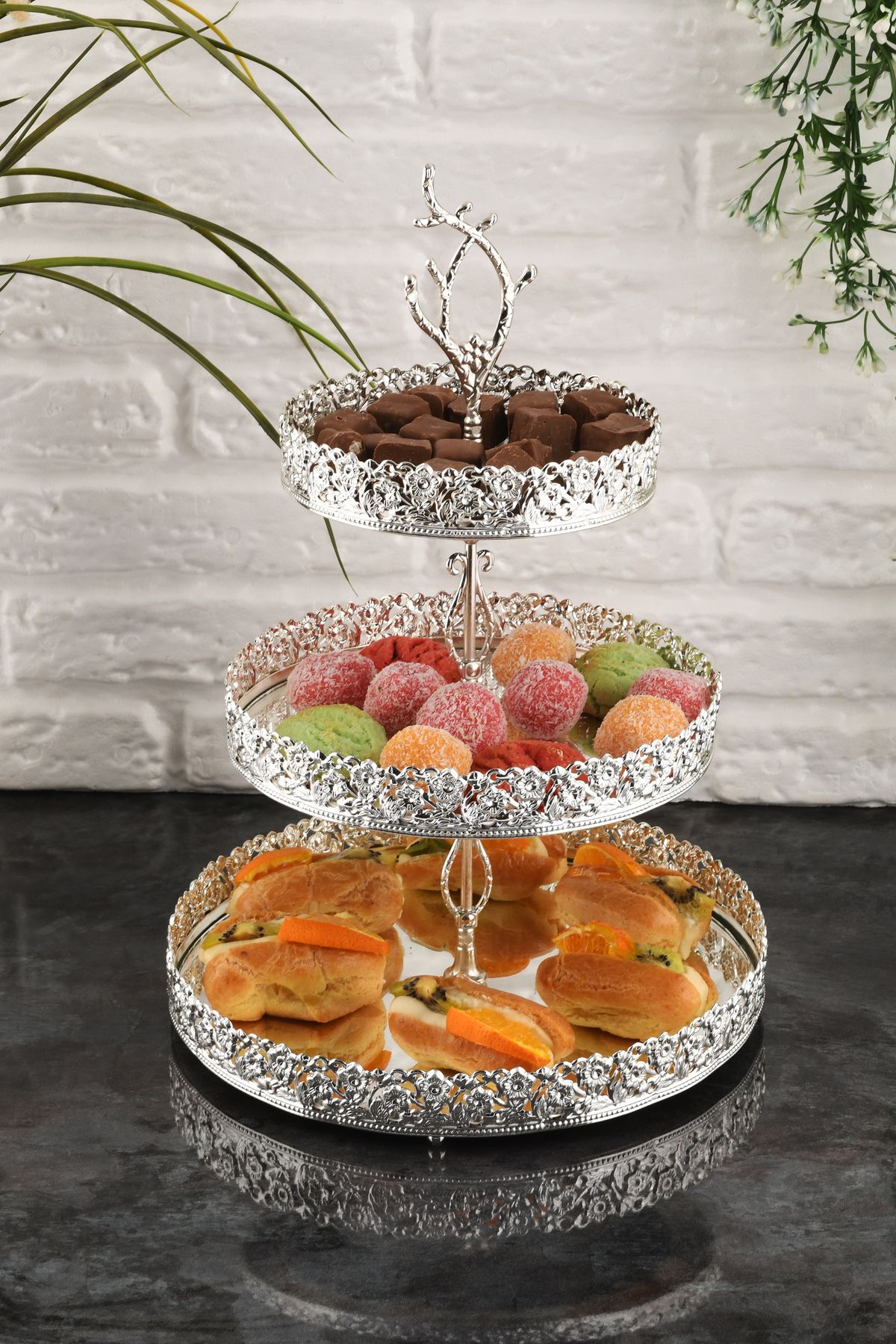 HELVACIOĞLU AKSESUAR 3 Katlı Aynalı Pasta,Tatlı,Kurabiyelik Sunumluk Stand 15-20-25 Cm