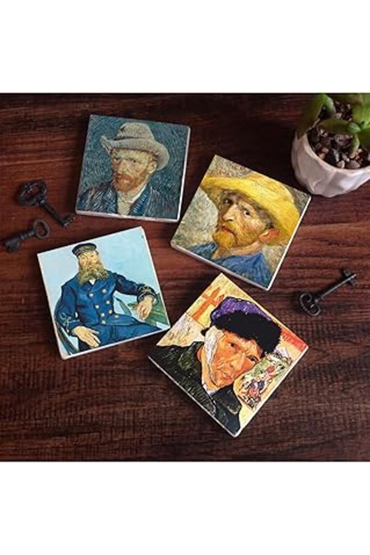 NETWORK ART Pinecone Van Gogh Otoportre Taş Bardak Altlığı Seti - 4 Parça - Dekoratif, Rustik Mutfak Aksesuarı,