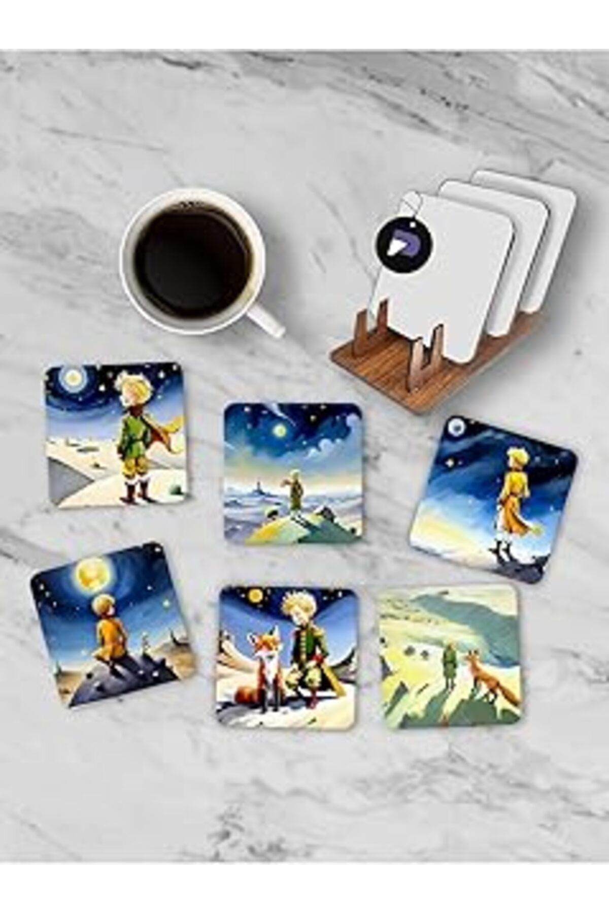 Qedii Postermanya (Pster21249) Küçük Prens Temalı Standlı Ahşap Bardak Altlığı Seti, 6 Adet Baskılı Barda