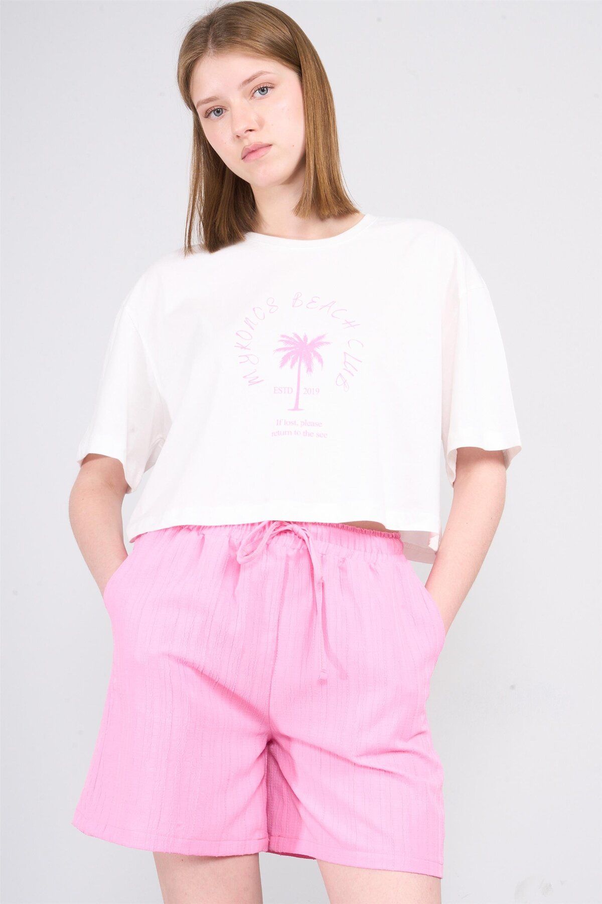 FİTHİT Çetinkaya Fithit 8385 Bisiklet Yaka 30/1 Penye Baskılı Oversize T-shirt Krem