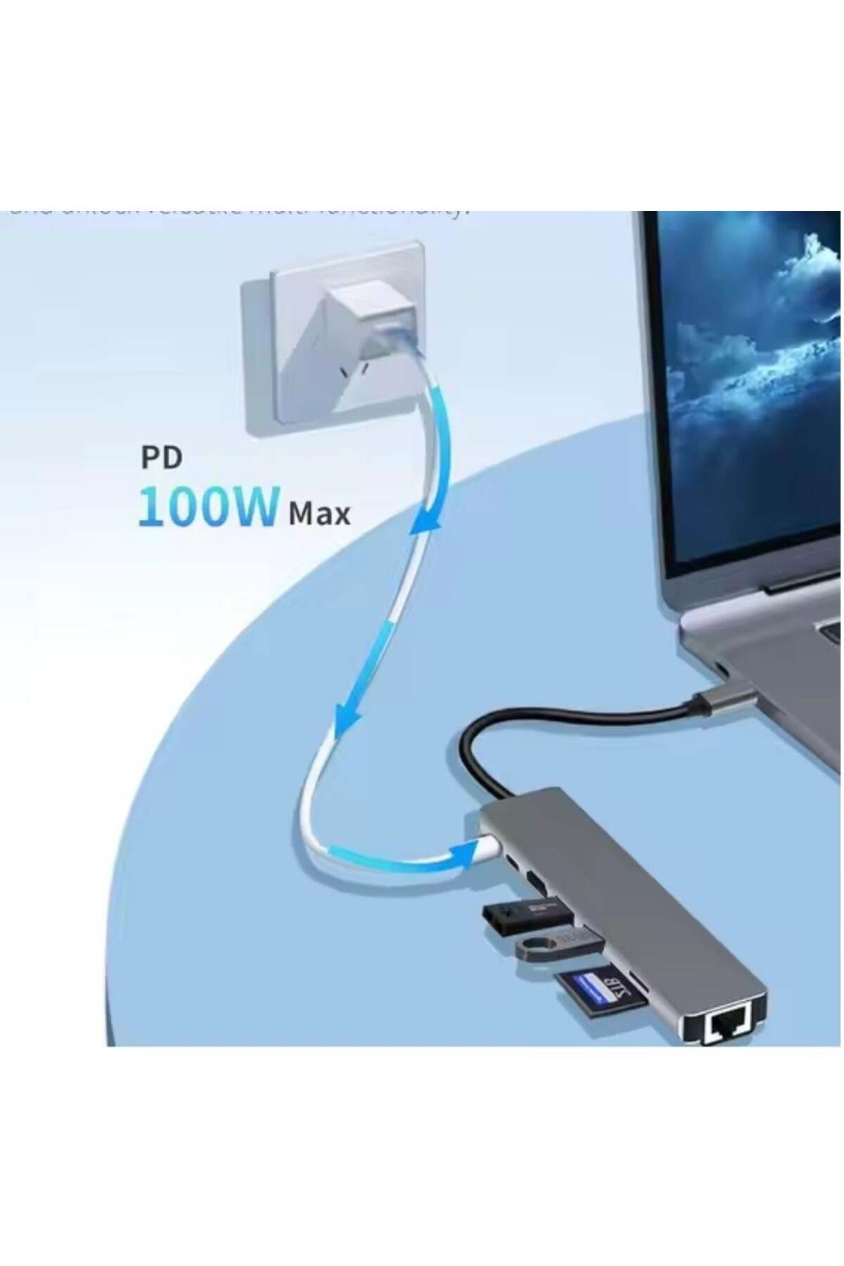 ACL USB-C 8 in 1 Çoklayıcı PD100W Hızlı Şarjlı 2xUSB-A 2xUSB-C HDMI SD TF Kart Girişli Adaptör