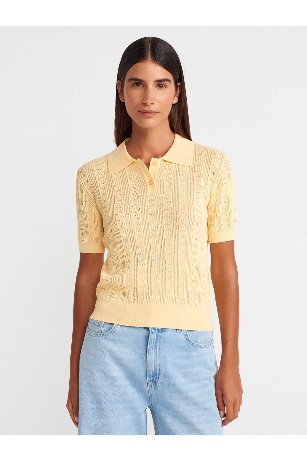 Dilvin 10781 Polo Yaka Düğmeli Ajurlu Triko Bluz-Sarı