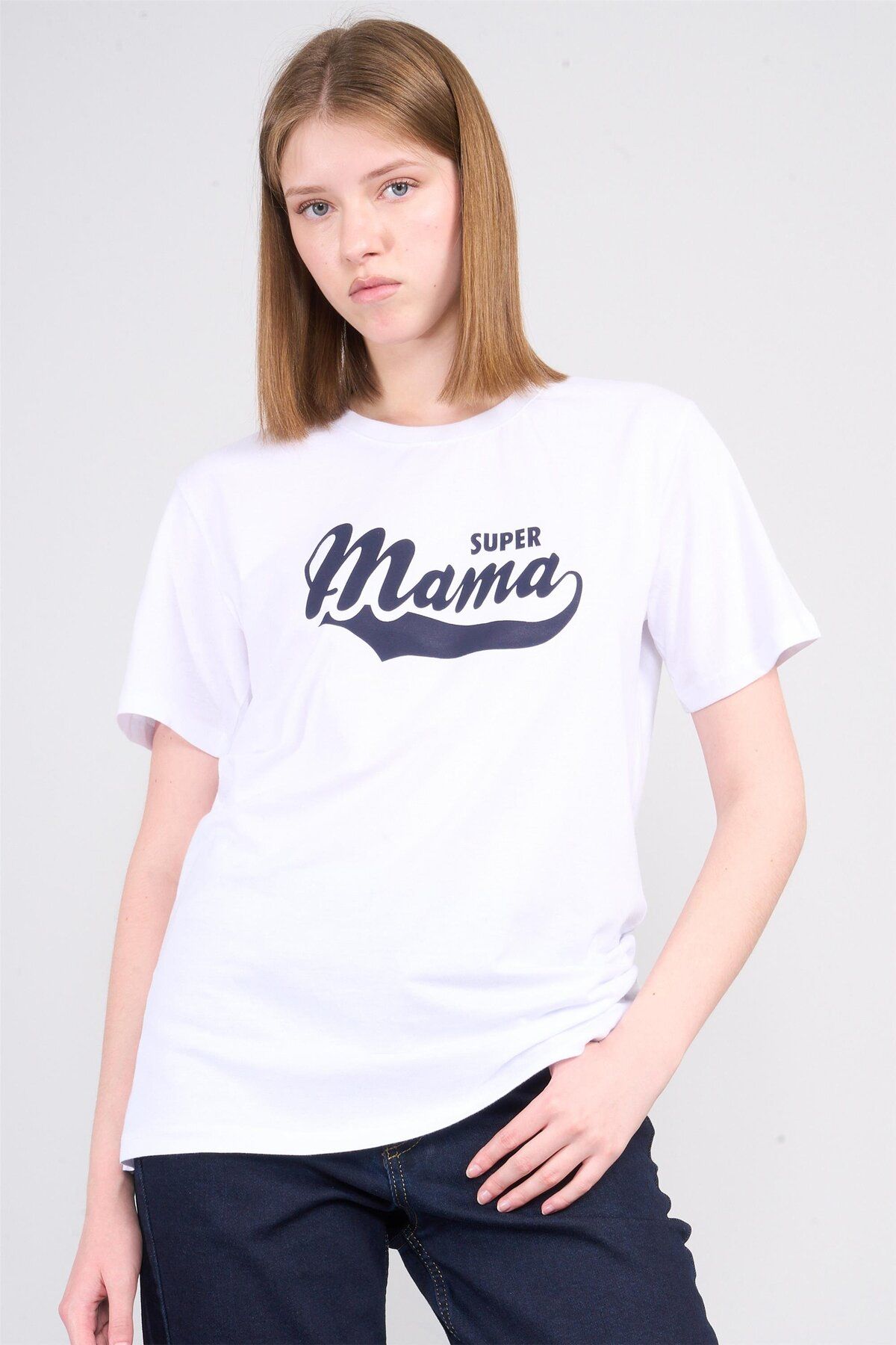 FİTHİT Çetinkaya Fithit 8512 Bisiklet Yaka 30/1 Penye Baskılı Regular T-shirt Beyaz