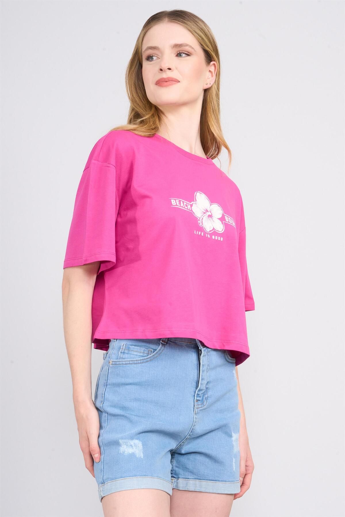 Çetinkaya Çetinkaya Chester Polo 8249 Bisiklet Yaka 30/1 Penye Baskılı Oversize Crop T-shirt Fuşya