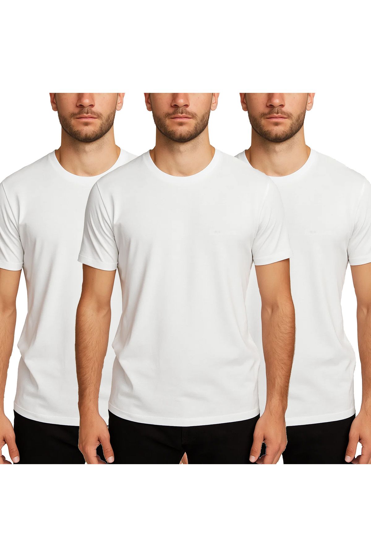 BRAINWEAR Erkek 3'lü Paket Likralı Pamuklu Düz Basic Tişört - Esnek Rahat Kalıp