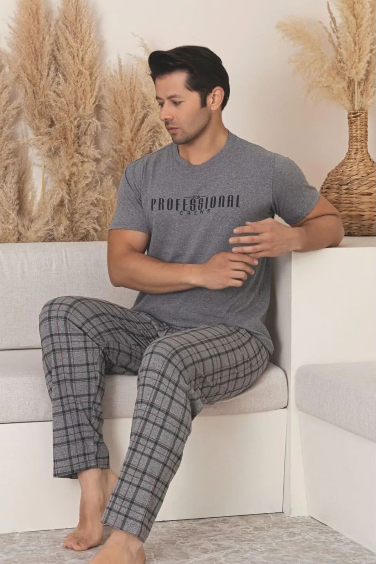 Farya Home Dreamy Pamuklu Ekose Kareli Kısa Kollu Örme Erkek Pijama Takımı