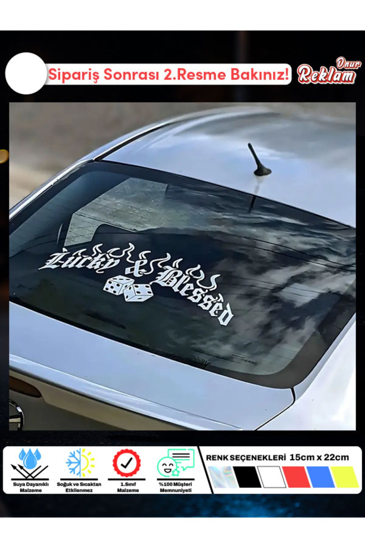 Onur Reklam Lucky & Blessed Yazılı Zar Temalı Araç Sticker – Suya Dayanıklı, 15x22 cm
