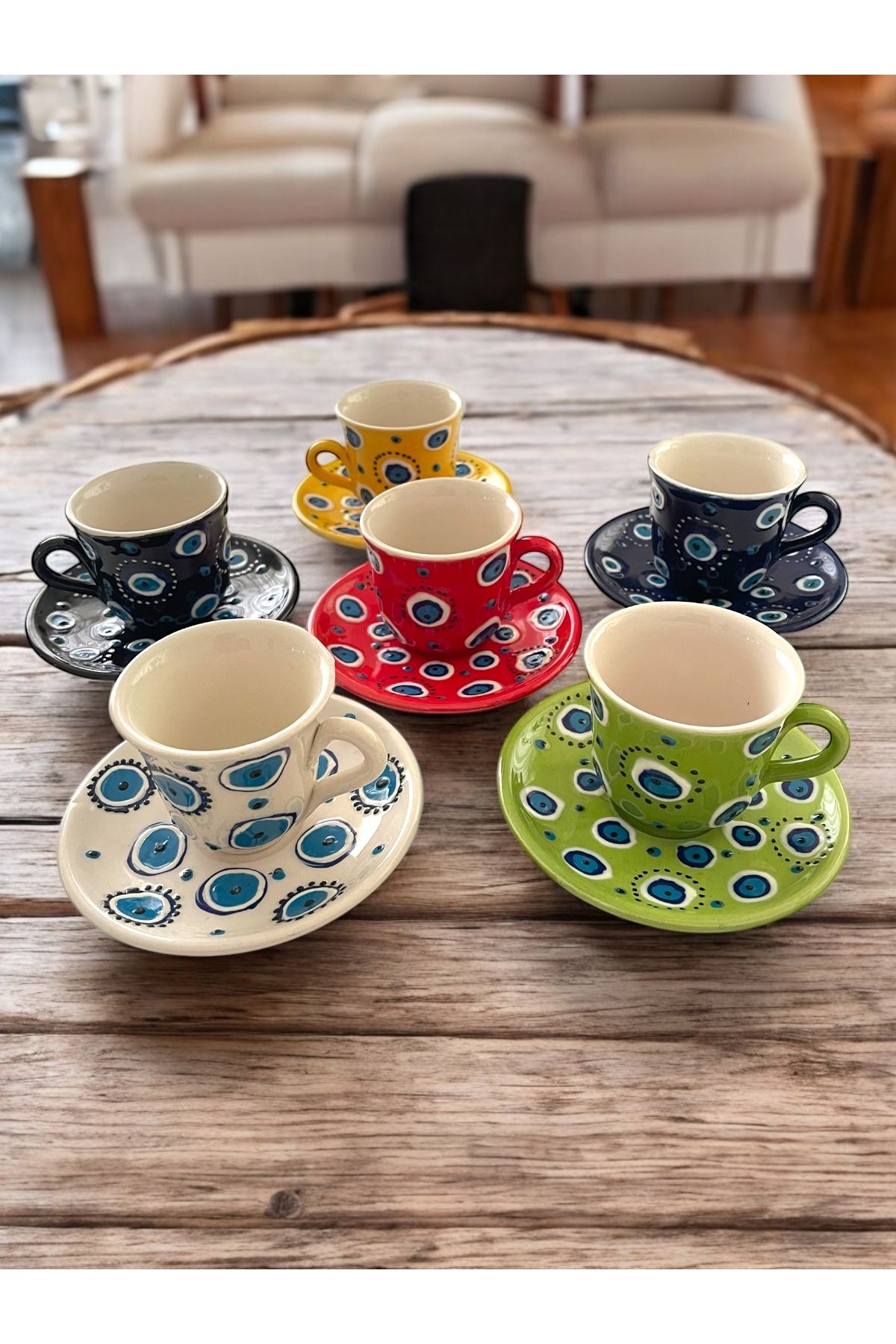 Artistic Quality Dekoratif 6 Kişilik Şık Nazar Boncuğu Çini Tasarımlı Tamamen El Yapımı Kahve Fincan Seti