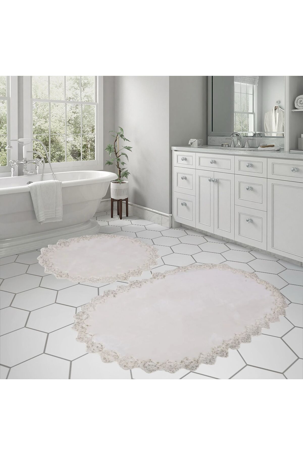 DECORA CASA HOME COLLECTİON Yıkanabilir Dantelli Kaymaz Taban Yumuşacık Banyo Paspası 2li Set (60x100) ve (50x60)