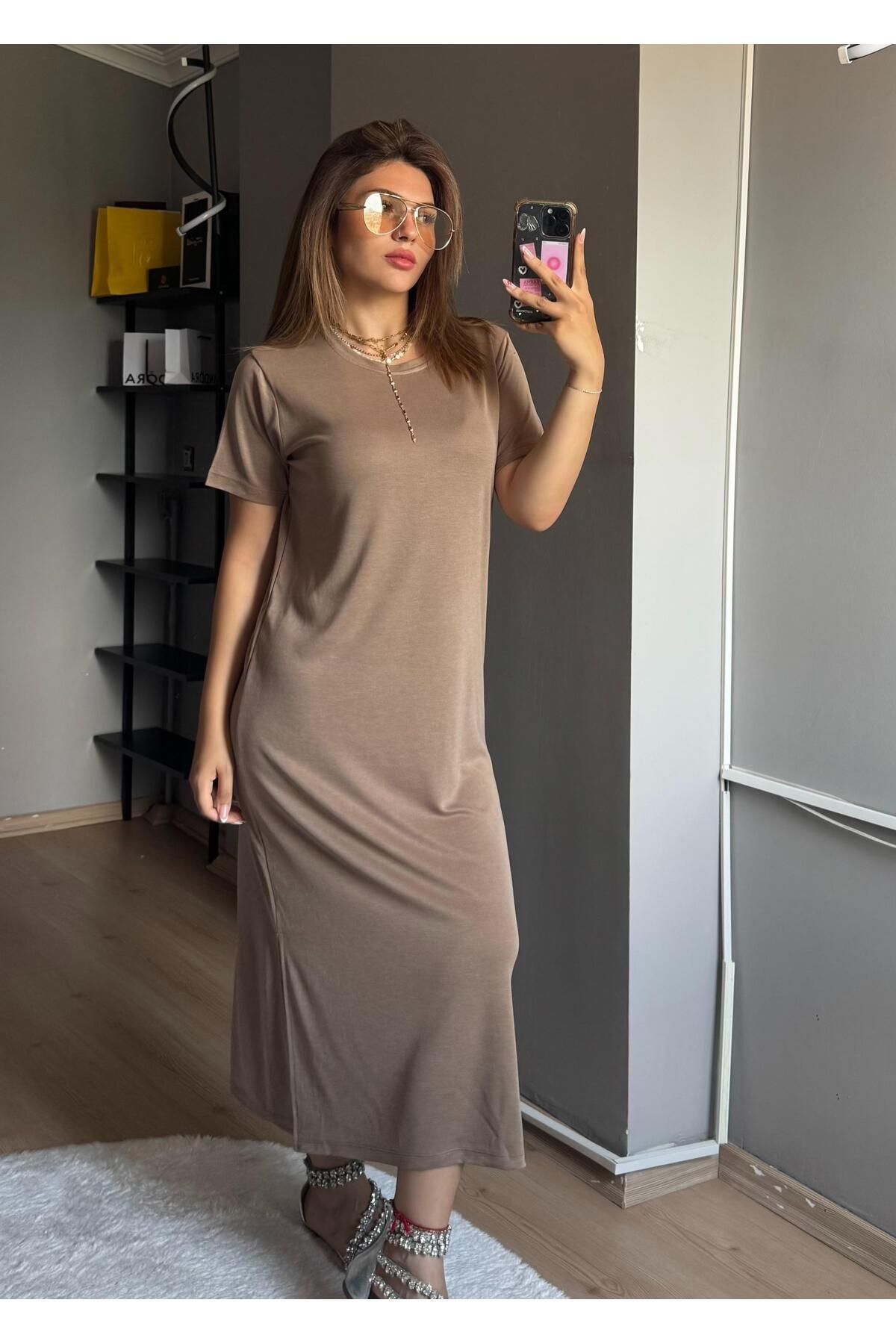 Qenz Yırtmaçlı Günlük Modal Elbise - Bej