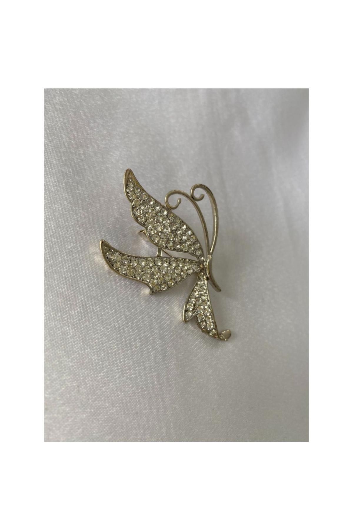 HEDİYEM EVİME Yarım Kelebek Parlak Taşlı Broş Gümüş Renk