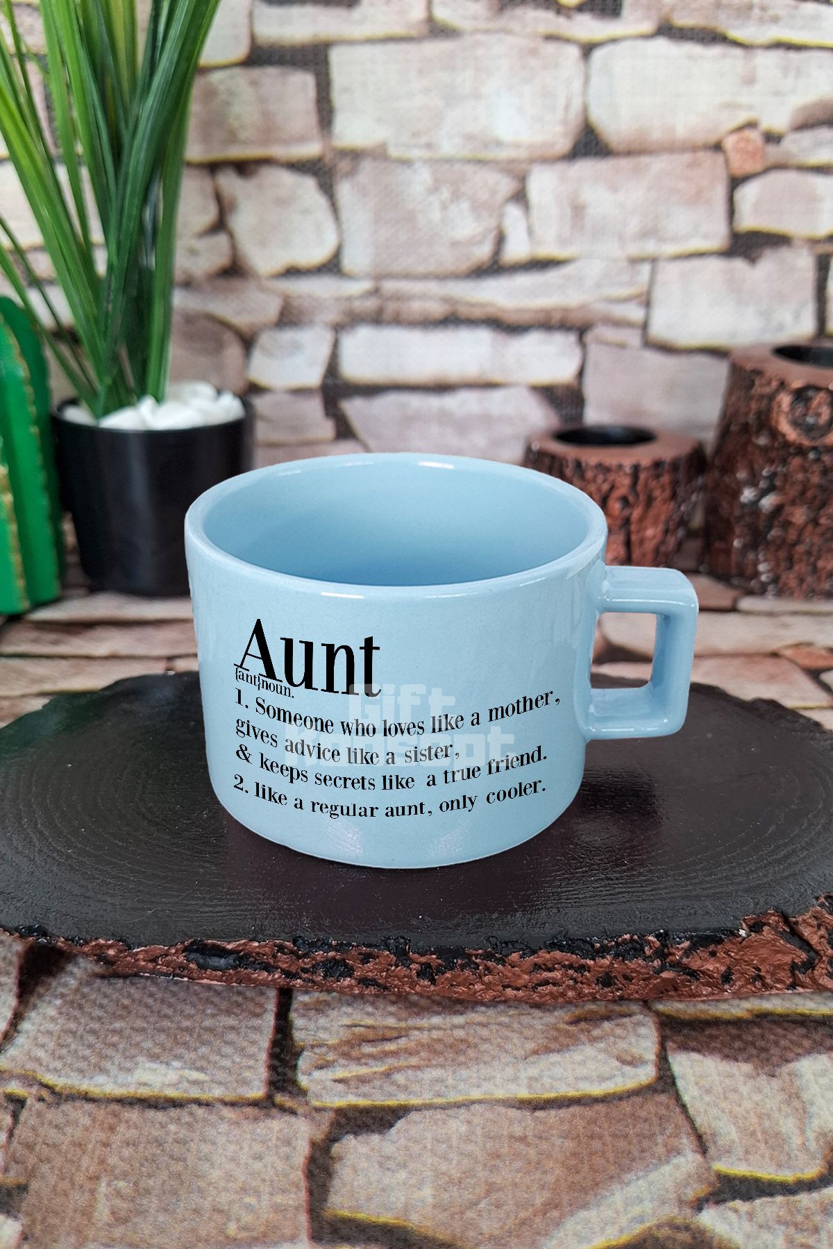 giftkonsept Aunt Desenli Baskılı Modern Hala Teyze Kare Kulplu Fincan Mavi Kupa Bardak