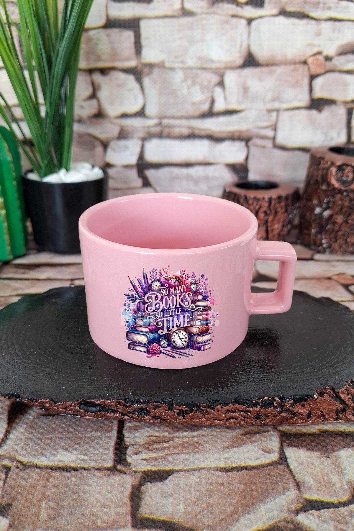 giftkonsept Book Lover Word Art Baskılı Kitap Zamanı Kelime Sanatı Kare Kulplu Fincan Pembe Kupa Bardak