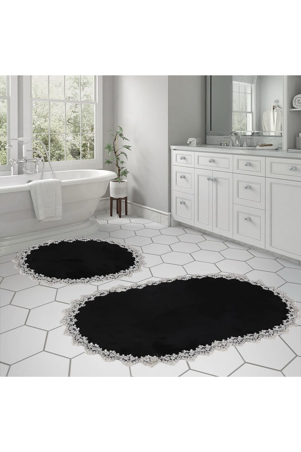 DECORA CASA HOME COLLECTİON Yıkanabilir Dantelli Kaymaz Taban Yumuşacık Banyo Paspası 2li Set (60x100) ve (50x60)