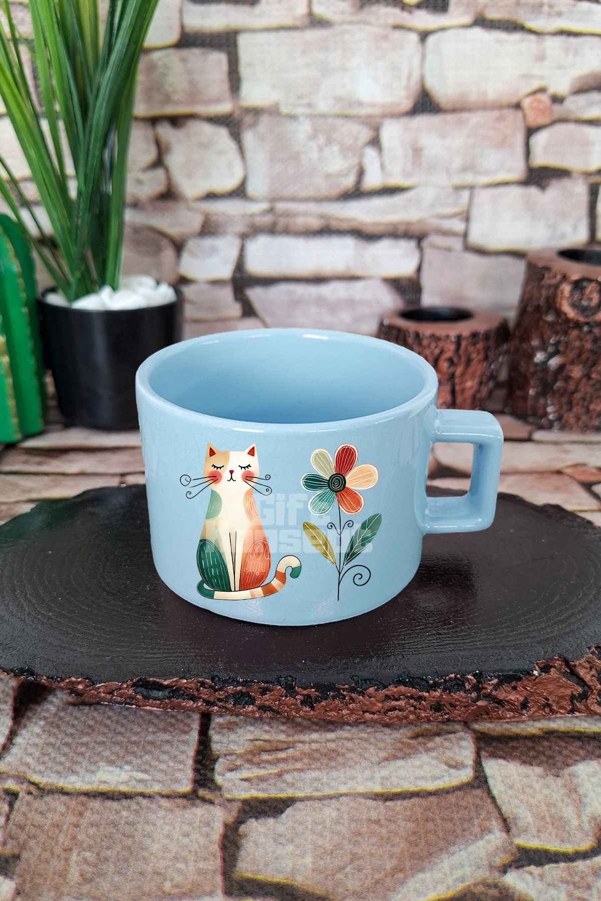 giftkonsept Kedi Komik Desenli Esprili Kedisever Kedi Sahibi Çizimi Kare Kulplu Fincan Mavi Kupa Bardak