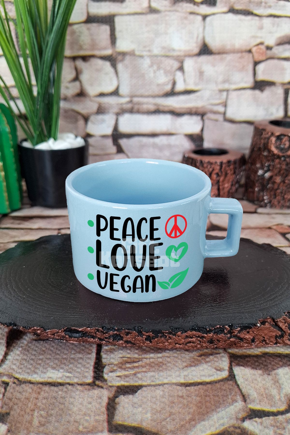 giftkonsept Peace Love Veganism Baskılı Kare Kulplu Fincan Mavi Kupa Bardak
