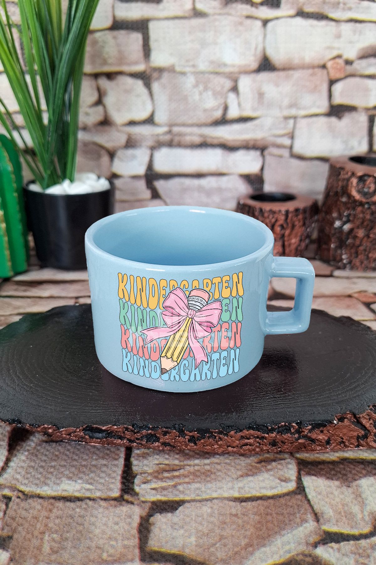 giftkonsept Kindergarten Groovy Pencilbow Baskılı Retro Öğretmen Kare Kulplu Fincan Mavi Kupa Bardak
