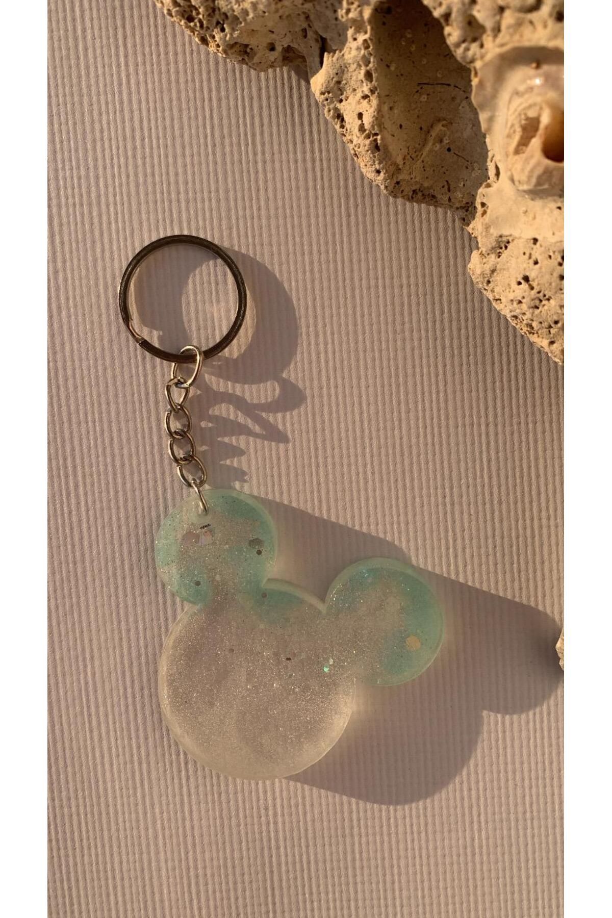 MISS GOLDEN Mavi Renk ve Gümüş Glitter Mickey Mouse Gümüş Aksesuarlı Anahtarlık El Yapımı Epoksi Hediyelik