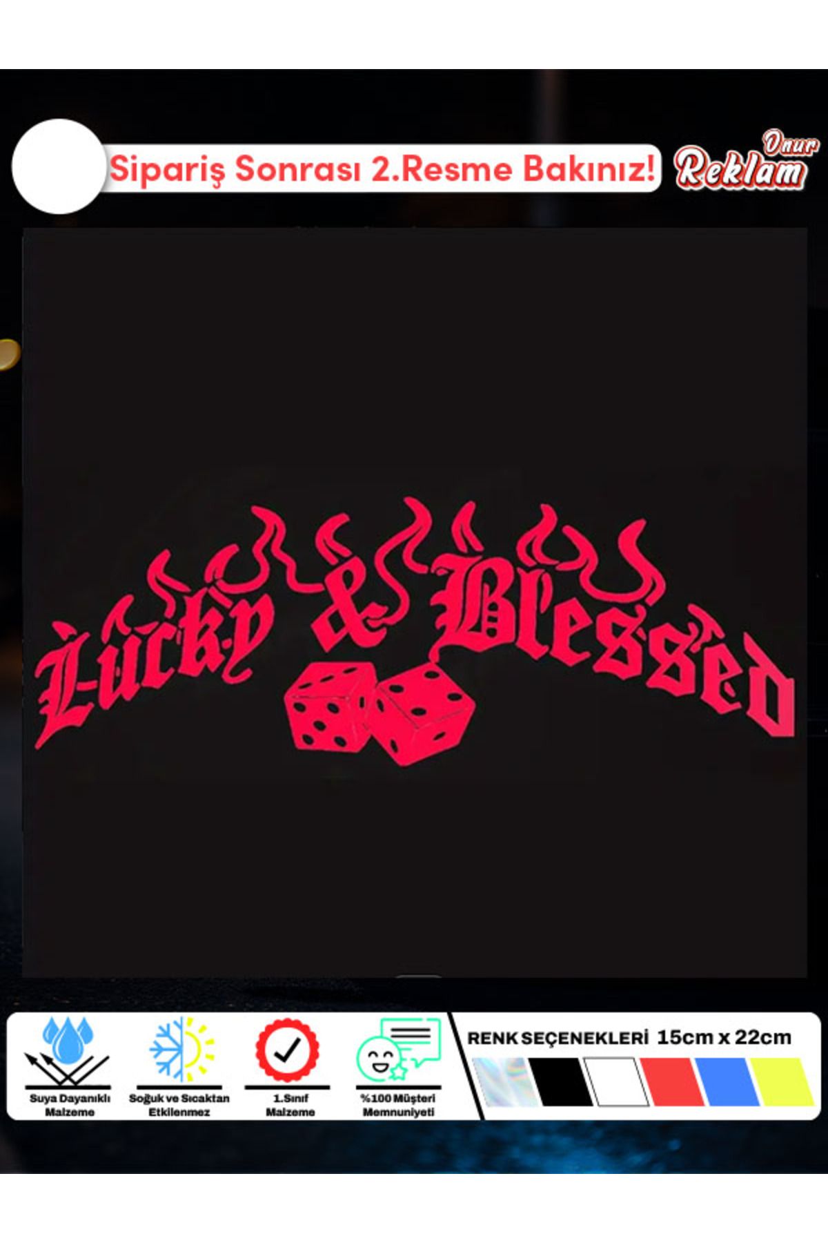 Onur Reklam Lucky & Blessed Yazılı Zar Temalı Araç Sticker – Suya Dayanıklı, 15x22 cm