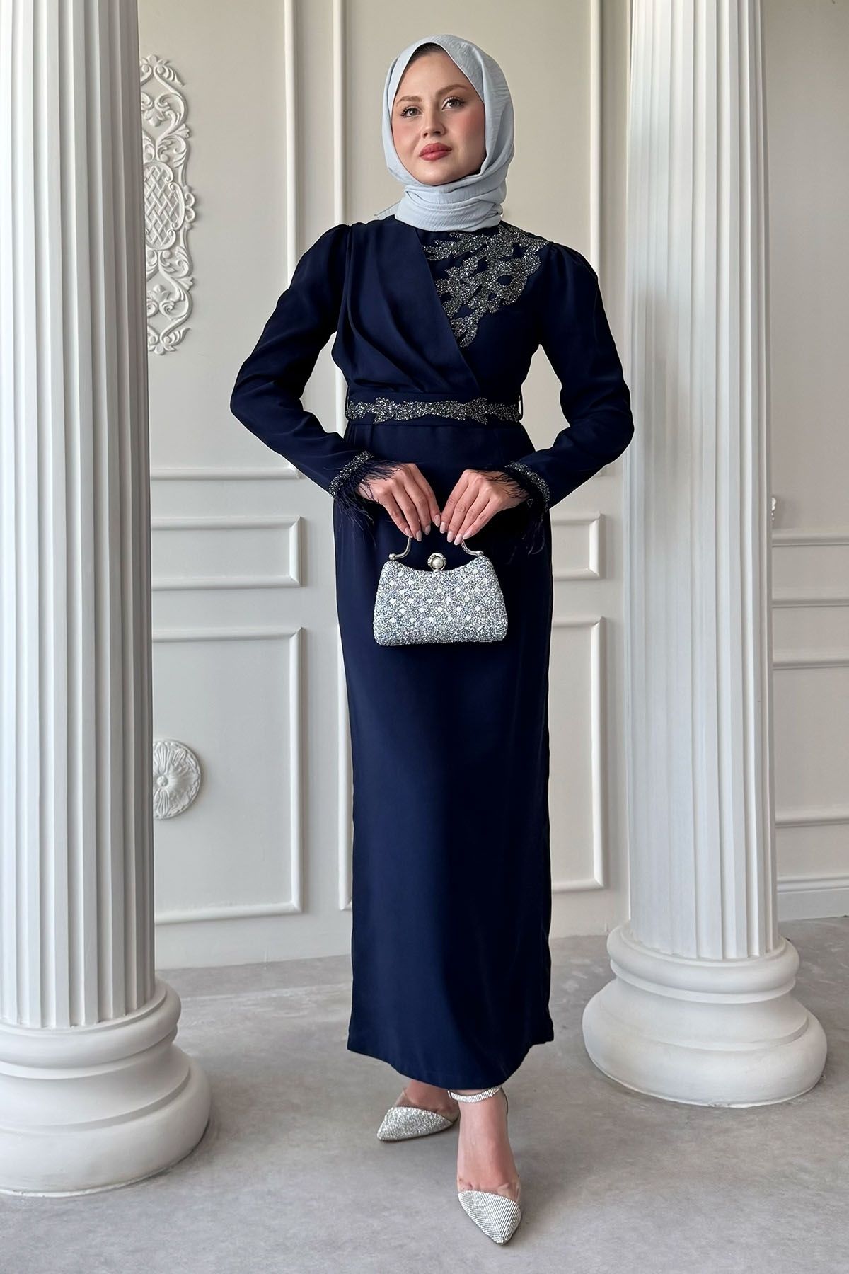 InStyle Simli Tüylü Lacivert Abiye