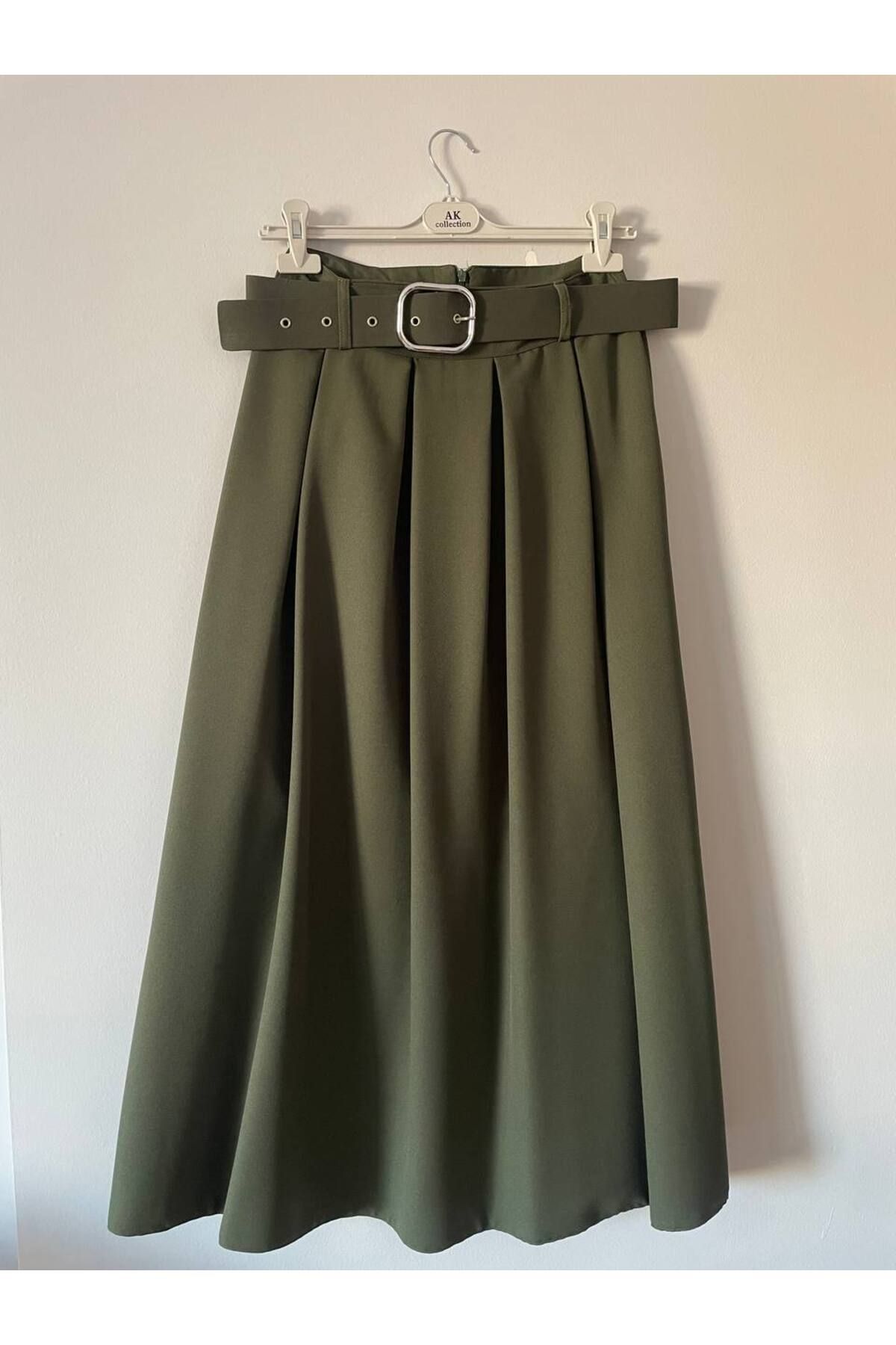 SETA FASHION Kemerli Yüksek Bel Pileli Maxi Etek
