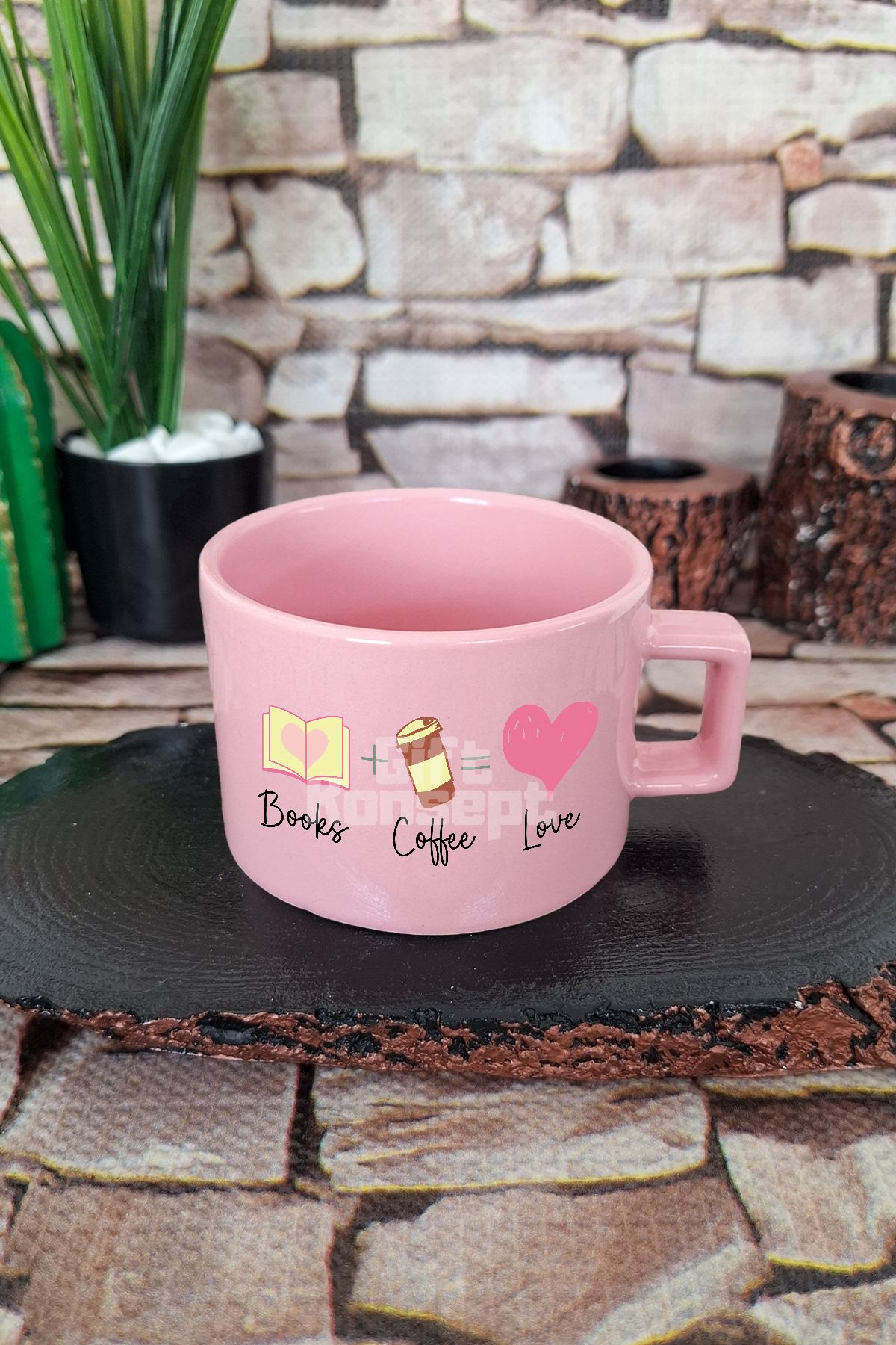 giftkonsept Books Coffee Love Temalı Kitap ve Kahve Tutkunu Kare Kulplu Fincan Pembe Kupa Bardak
