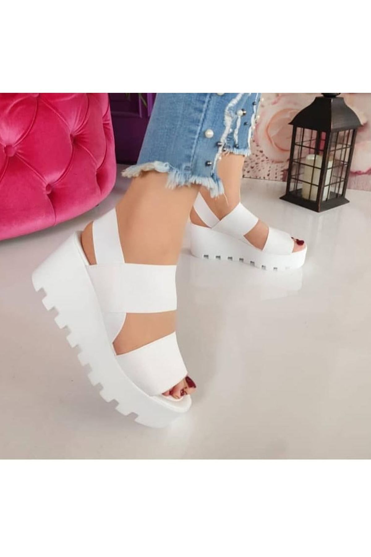 LEYDİ SHOES Çk-011 Lastik Dolgu Topuk Ayakkabı Beyaz
