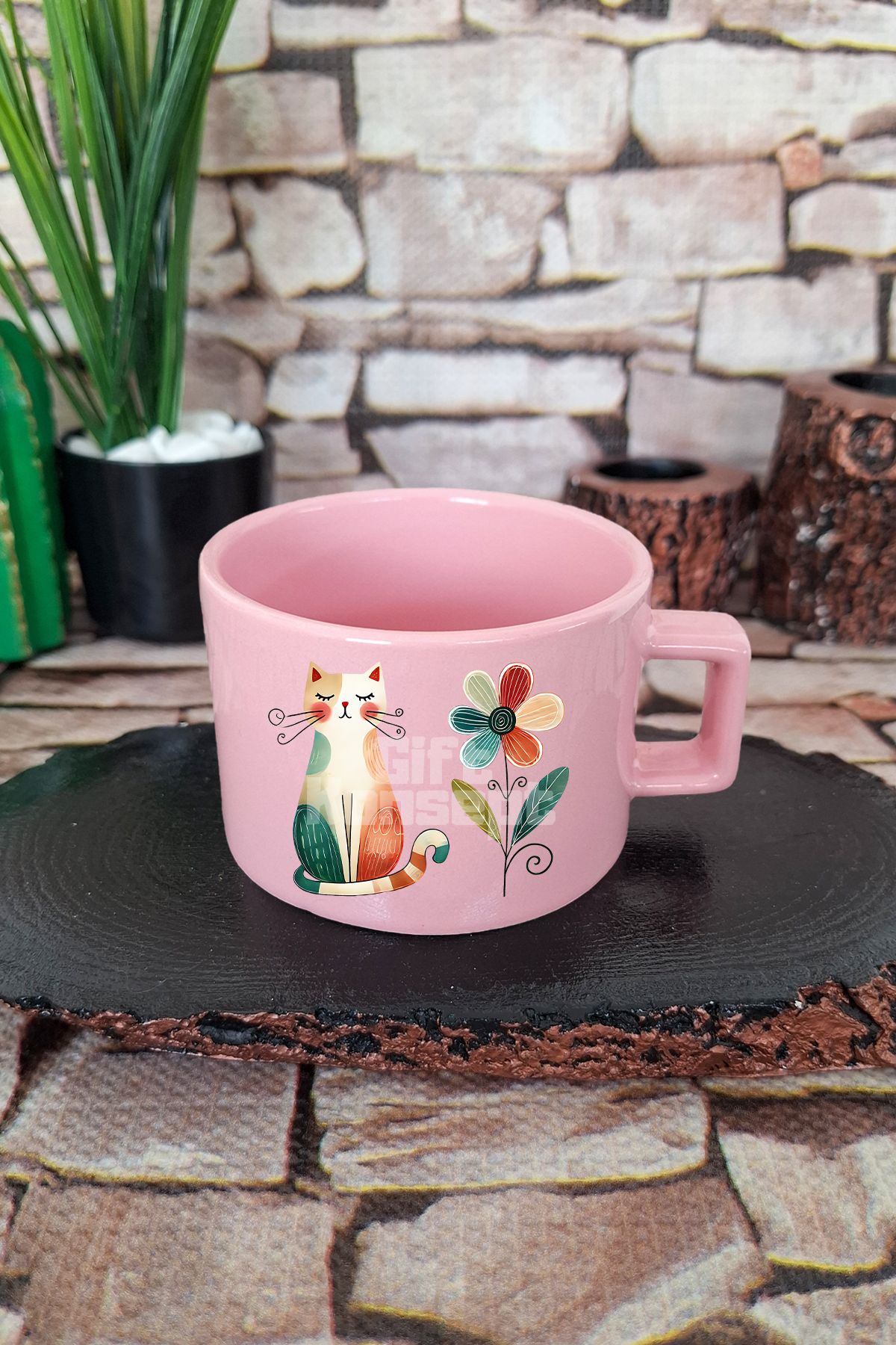 giftkonsept Kedi Komik Desenli Esprili Kedisever Kedi Sahibi Çizimi Kare Kulplu Fincan Pembe Kupa Bardak