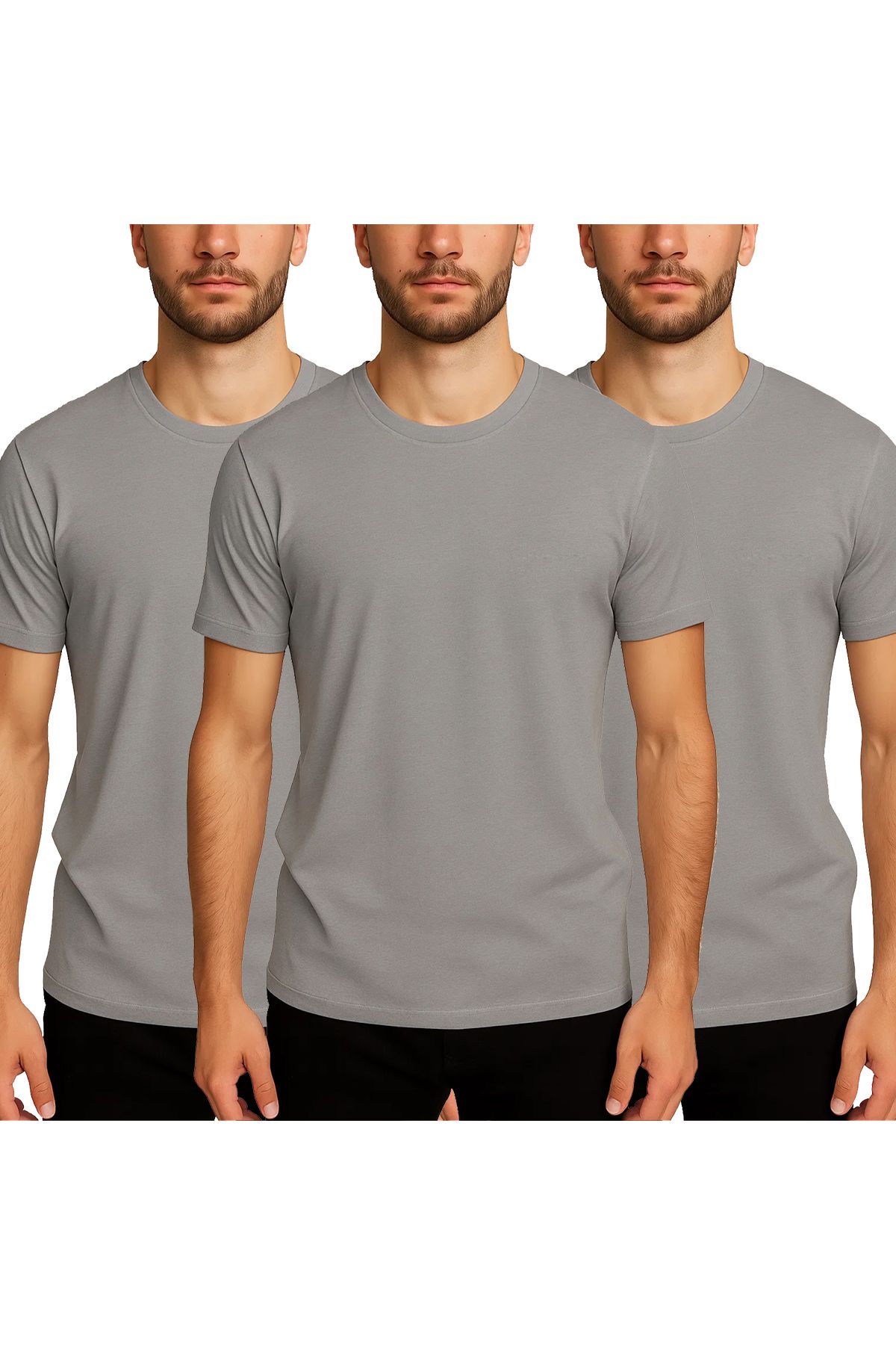 BRAINWEAR Erkek 3'lü Paket Likralı Pamuklu Düz Basic Tişört - Esnek Rahat Kalıp