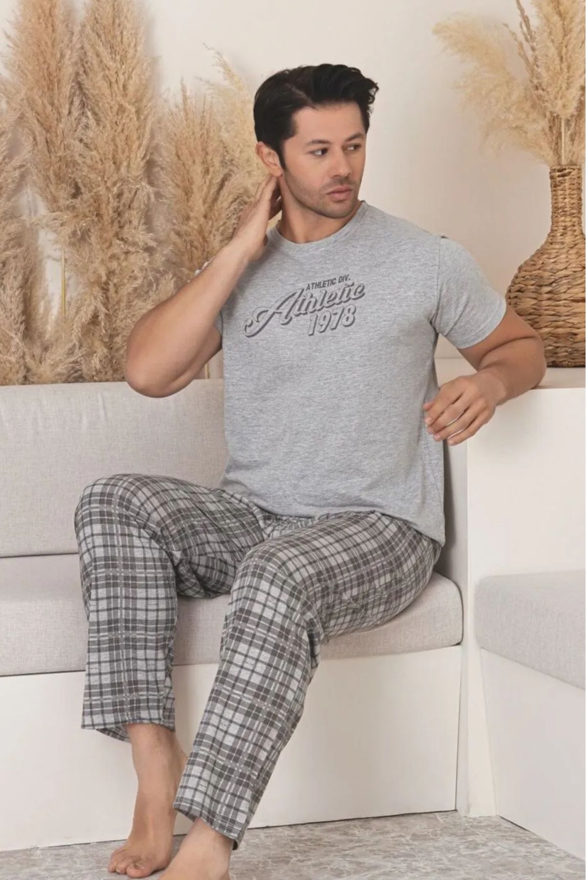 Farya Home Dreamy Pamuklu Ekose Kareli Kısa Kollu Örme Erkek Pijama Takımı