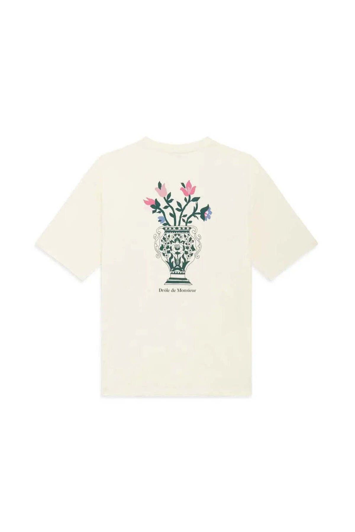 American Rag Cie Krem Renk 100% Pamuk T-Shirt - Ön ve Arka 'Vase' Baskılı Ribana Kragenli