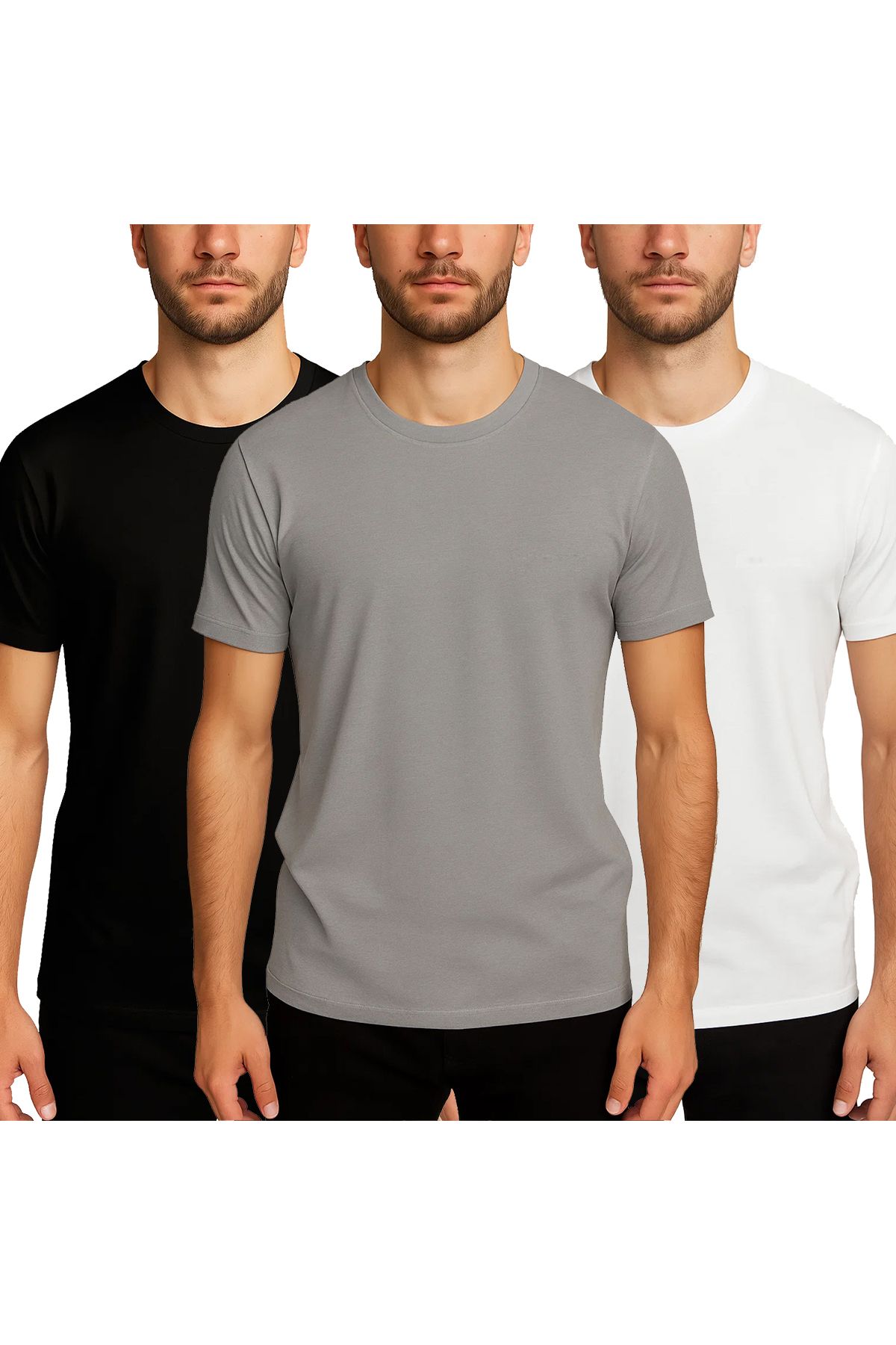 BRAINWEAR Erkek 3'lü Paket Likralı Pamuklu Düz Basic Tişört - Esnek Rahat Kalıp
