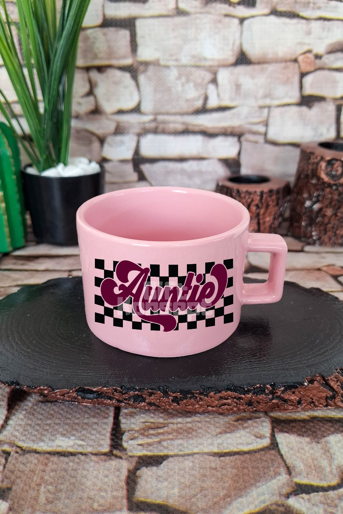giftkonsept Auntie Baskılı Hala Teyze Kare Kulplu Fincan Pembe Kupa Bardak