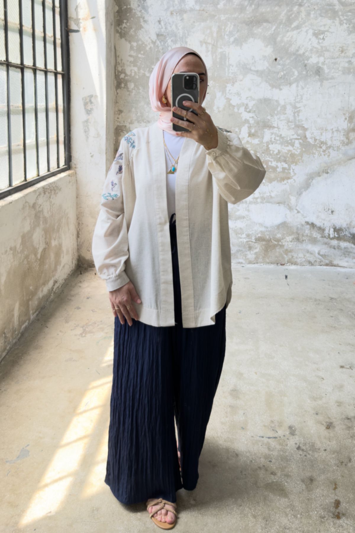Hatun Atila Kuş Nakış Detaylı Oversize Denim Ceket 8823 - Bej