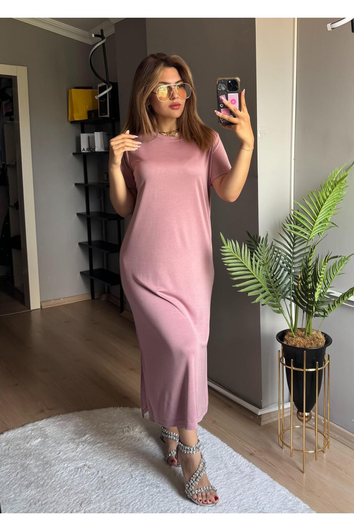 Qenz Yırtmaçlı Günlük Modal Elbise - Pudra