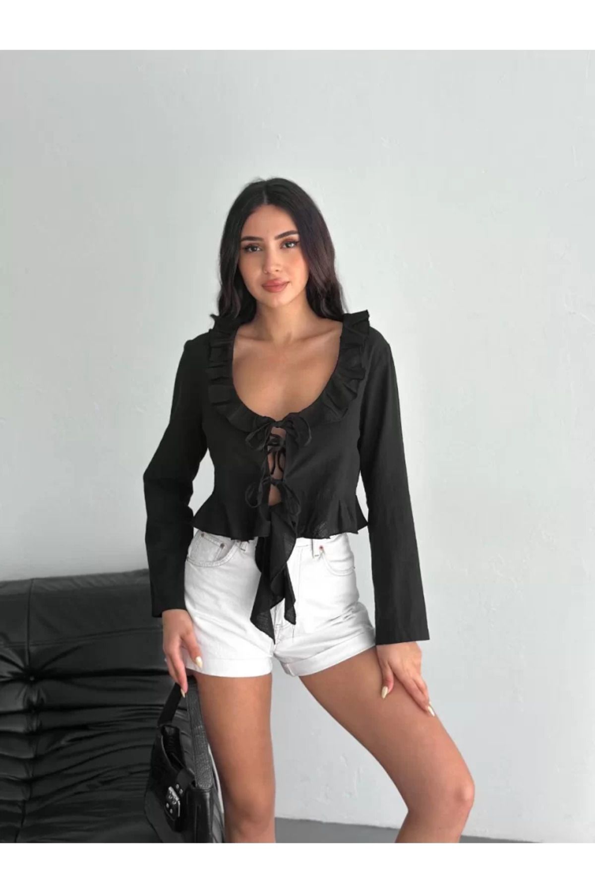 ruum fashions Keten Uzun Kol Bağacık Detaylı Bluz