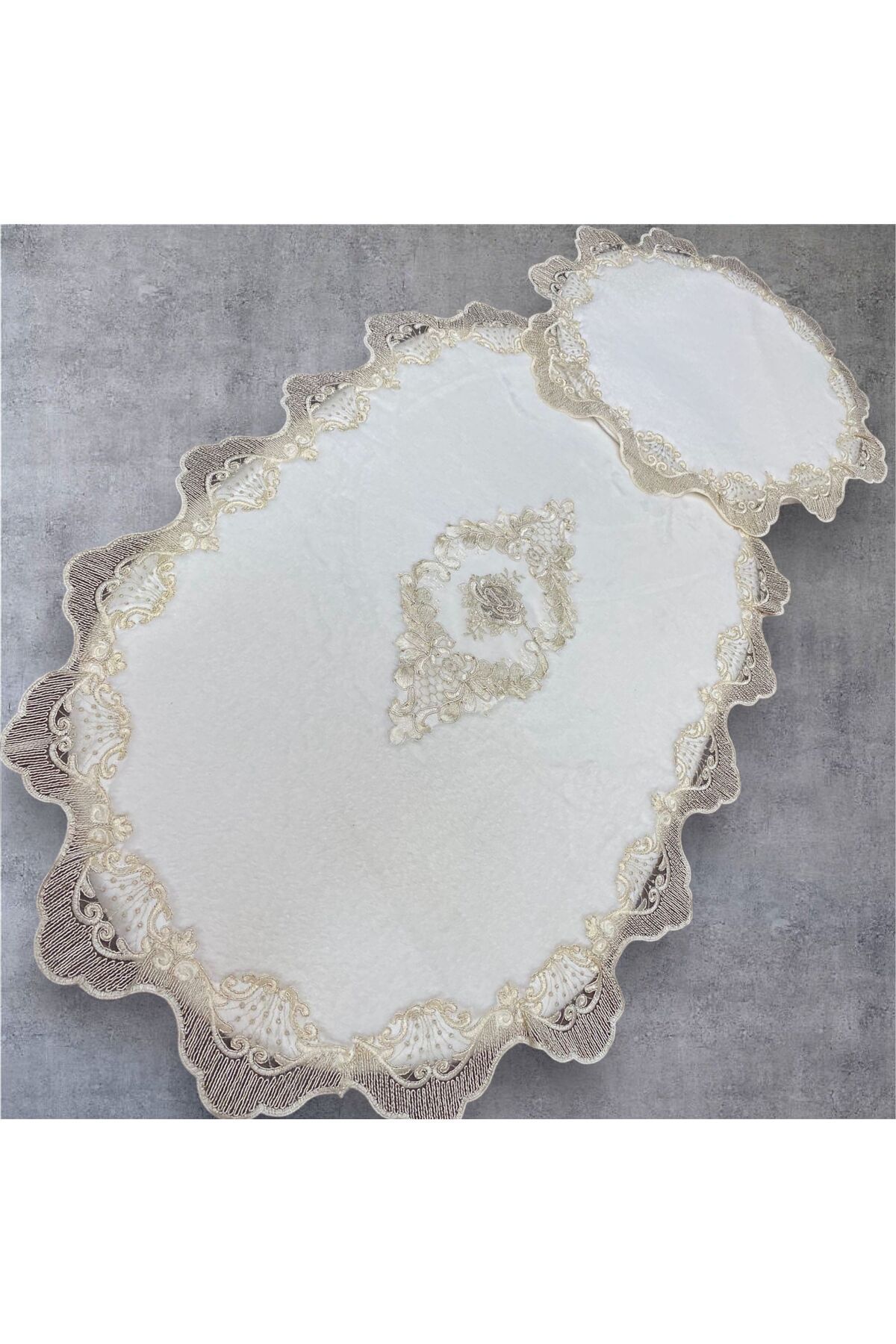 DECORA CASA HOME COLLECTİON 2li Set Çeyizlik Fransız Dantelli Aplikli klozet Takımı Banyo Halısı Paspas Seti (60x100)ve (50x60)
