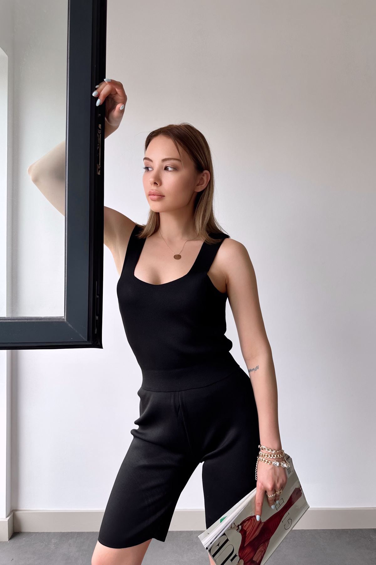 modestim Kadın Ribana Atlet Crop Triko Şort Takım Siyah