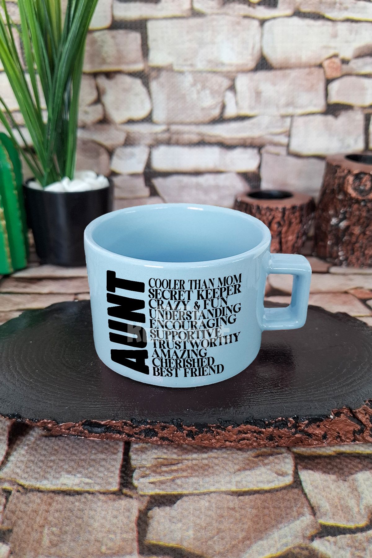 giftkonsept Aunt Temalı Baskılı Havalı Hala Teyze Kare Kulplu Fincan Mavi Kupa Bardak