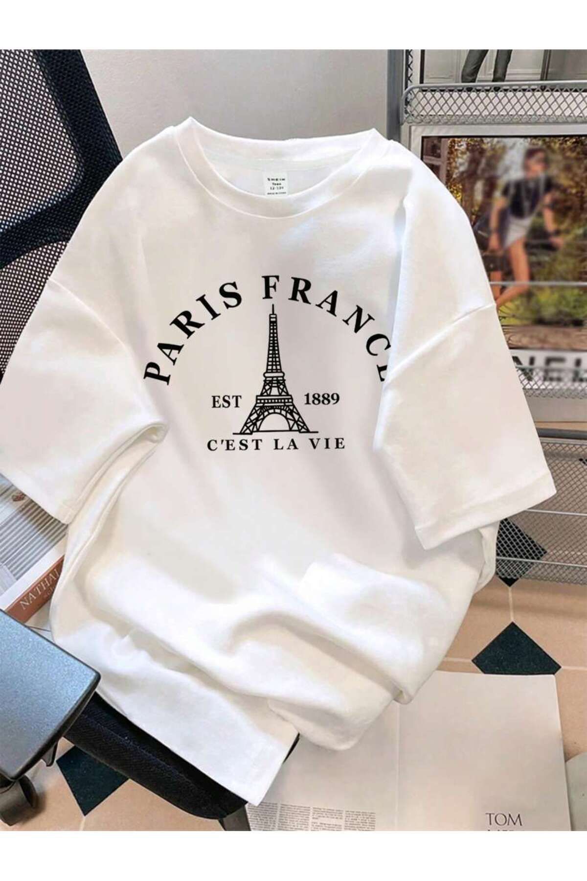 SAVO GİYİM Unisex Paris Baskılı Beyaz Tişört