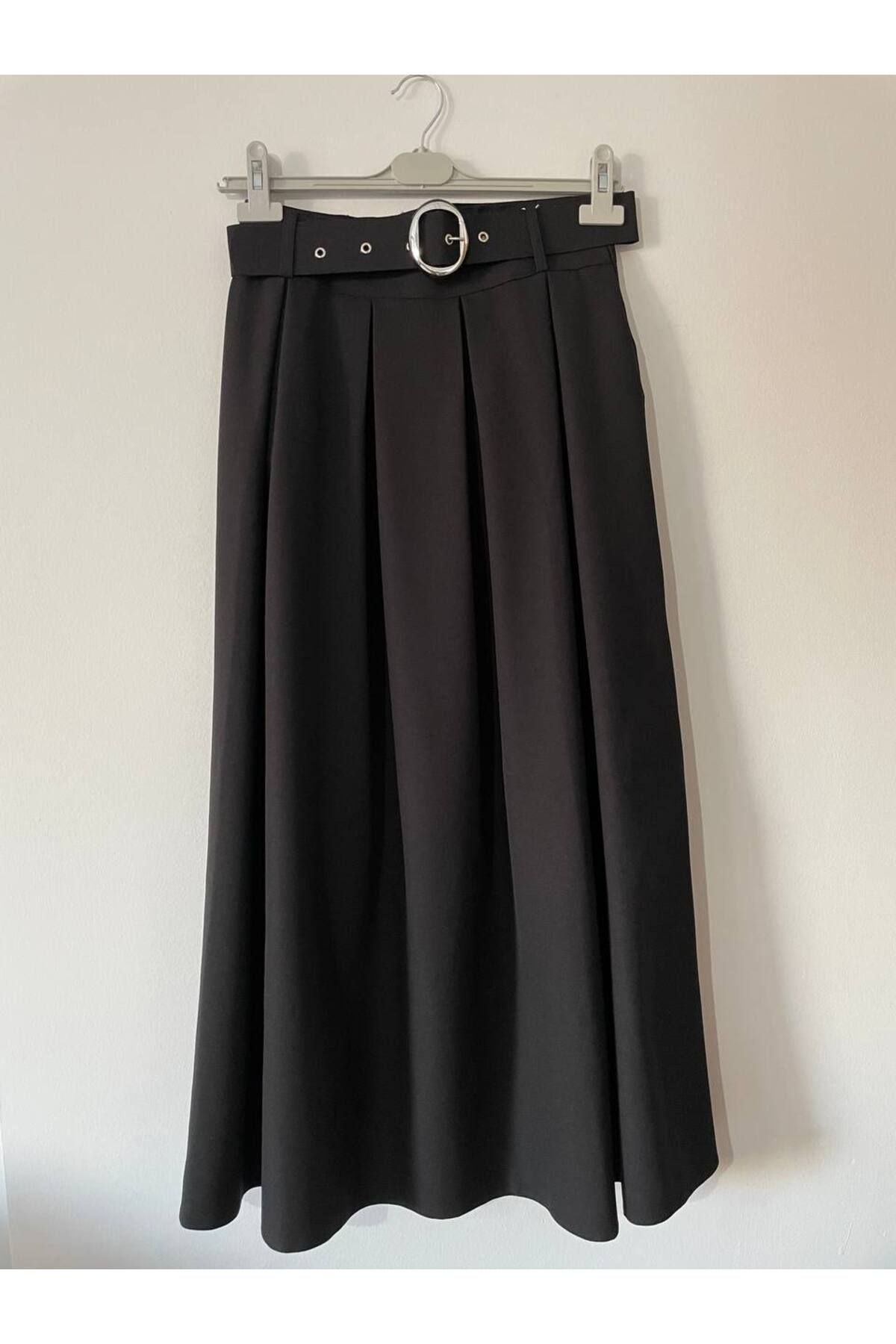 SETA FASHION Kemerli Yüksek Bel Pileli Maxi Etek