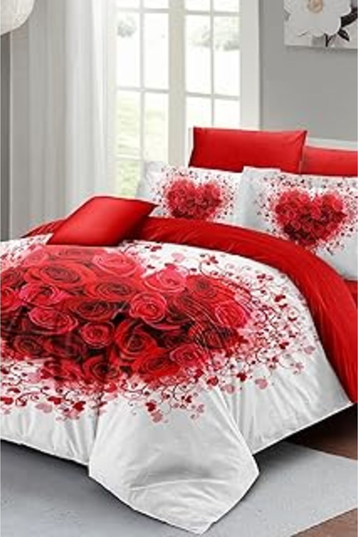 Qedii Monohome Kalpli Nevresim 3d Dijital Özel Tasarım Pamuk Saten Çift Kişilik Rose Heart