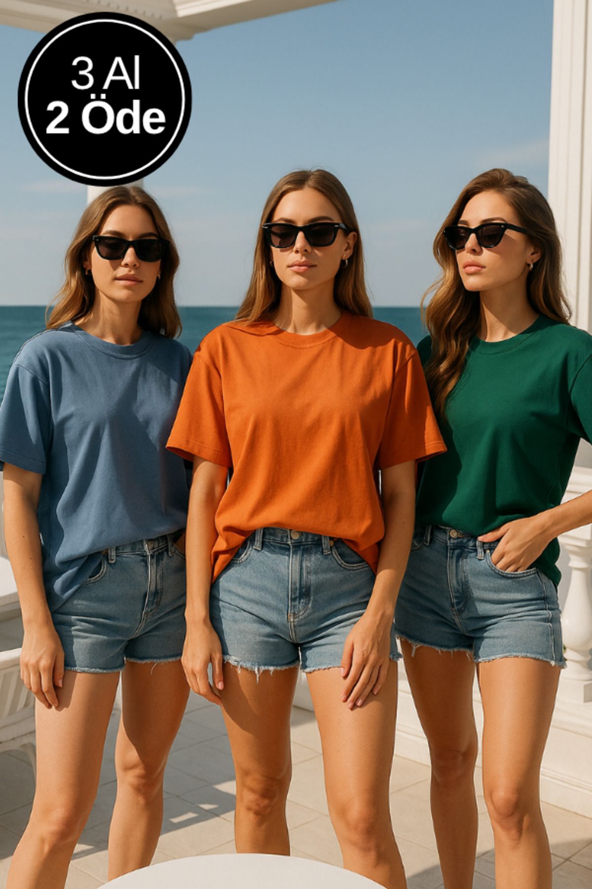 Rich Kadın 3'lü Paket Mavi-Yeşil-Turuncu %100 Pamuk Oversize Basic Tişört Bisiklet Yaka Relaxed T-Shirt
