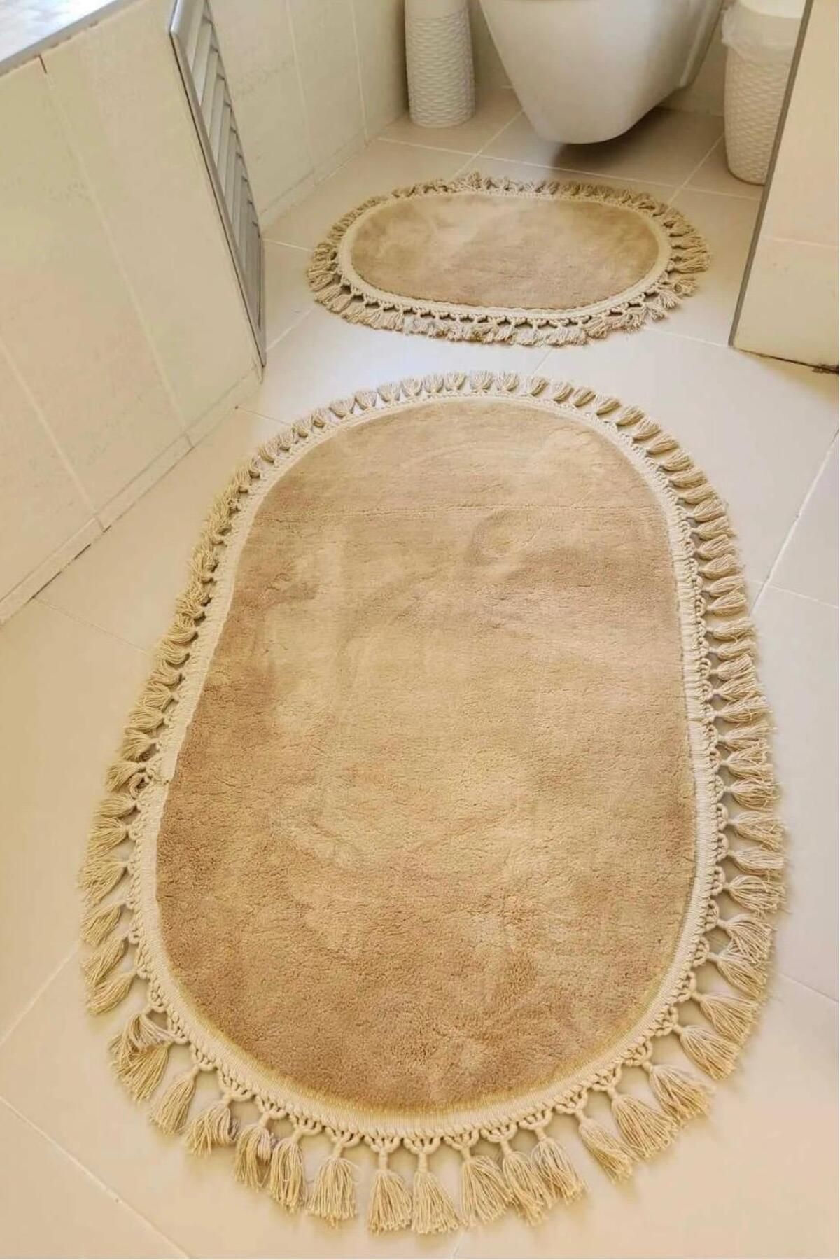 DECORA CASA HOME COLLECTİON Yıkanabilir Ponponlu Saçaklı Kaymaz Taban Yumuşacık Banyo Paspası 2li Set (60x100) ve (50x60)
