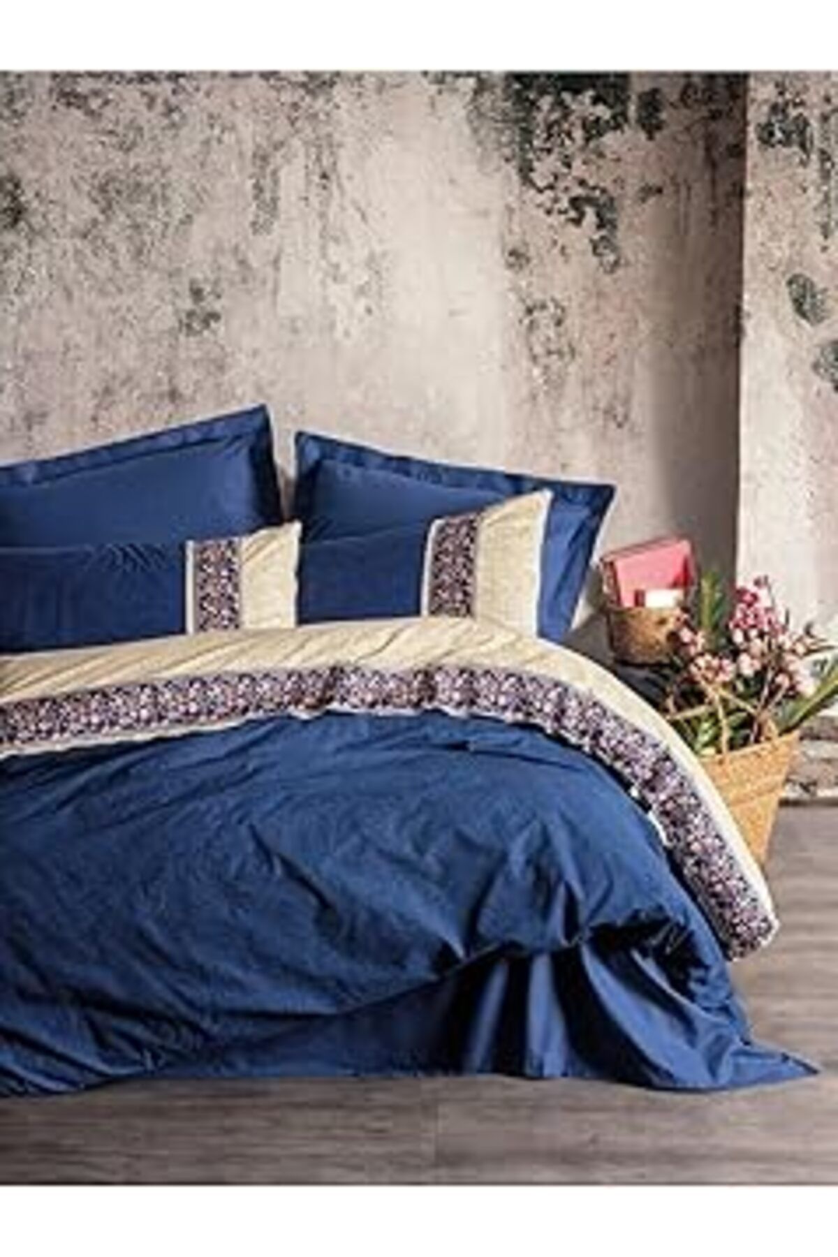 Qedii Cozy Home Tms Box Folk Art Çift Kişilik Nevresim Takımı Rayen Lacivert