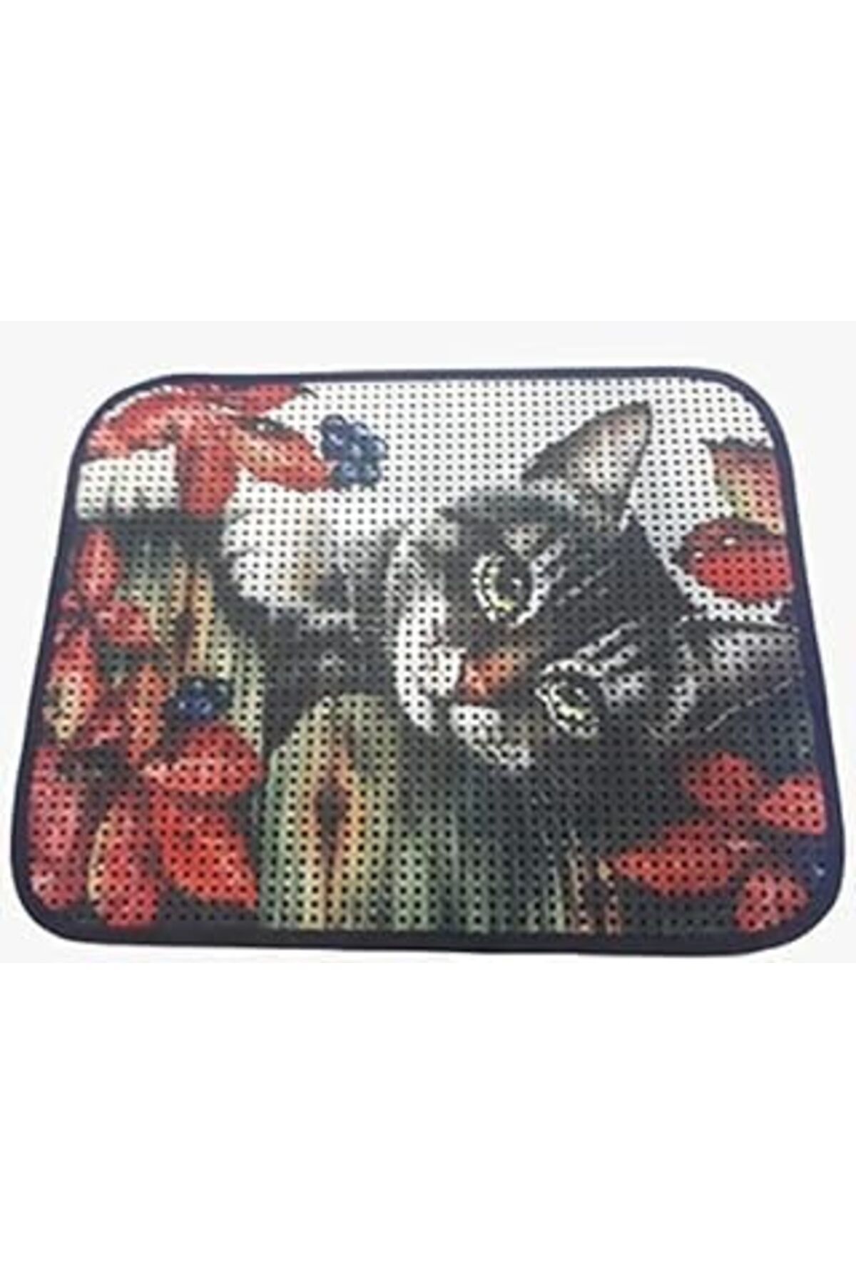 Mu Art Ahşap Miapet Elekli Desenli Kedi Tuvalet Önü Paspası 60 X 45 Cm Gri Kedi