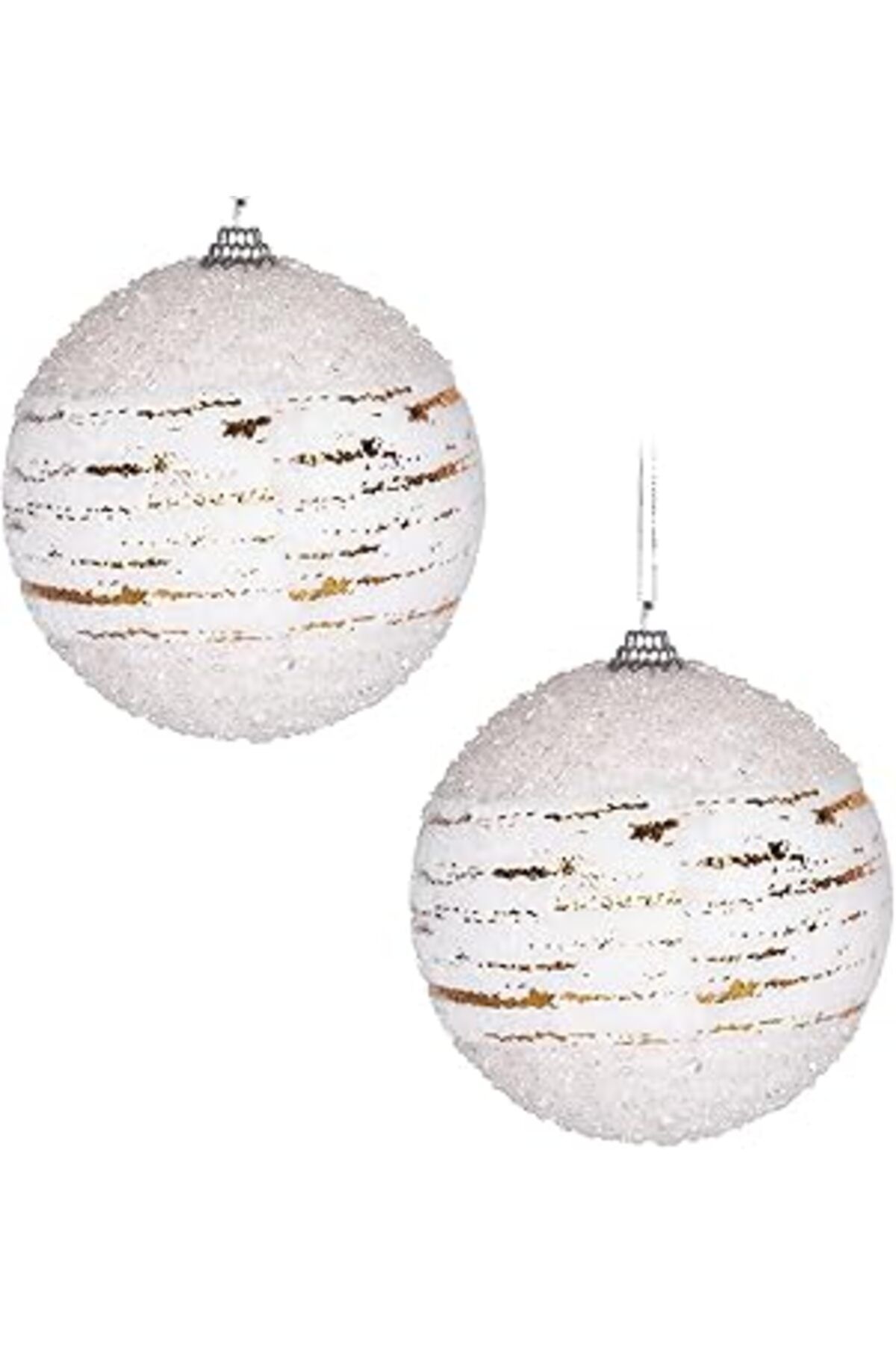 ASİTAN Herdekora Yılbaşı Topu Kumaş Gold Şeritli 2'Li Set Beyaz 10 Cm.