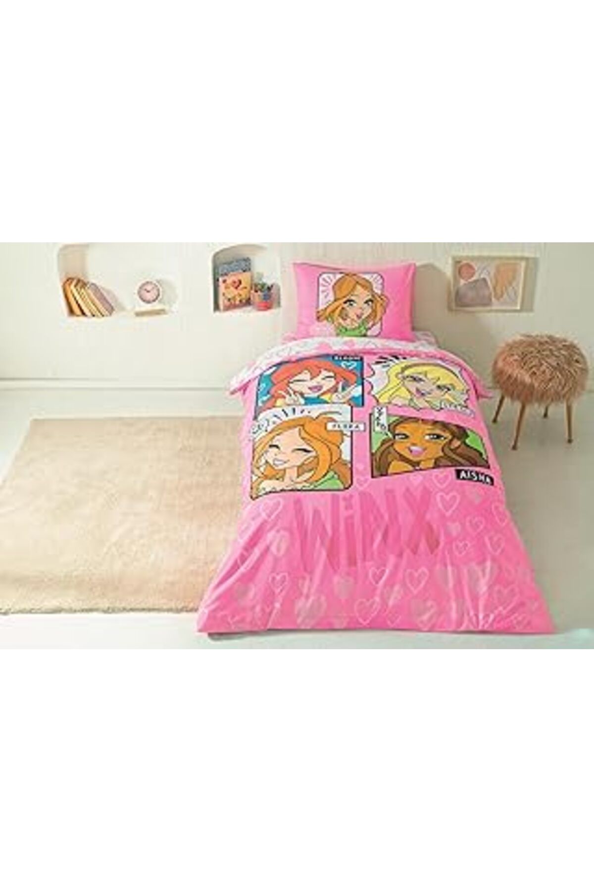 Qedii Winx Girls Club Lisanslı Karakter Baskılı%100 Pamuk Nevresim Takımı, Çok Renkli, Tek Kişilik (Nevre