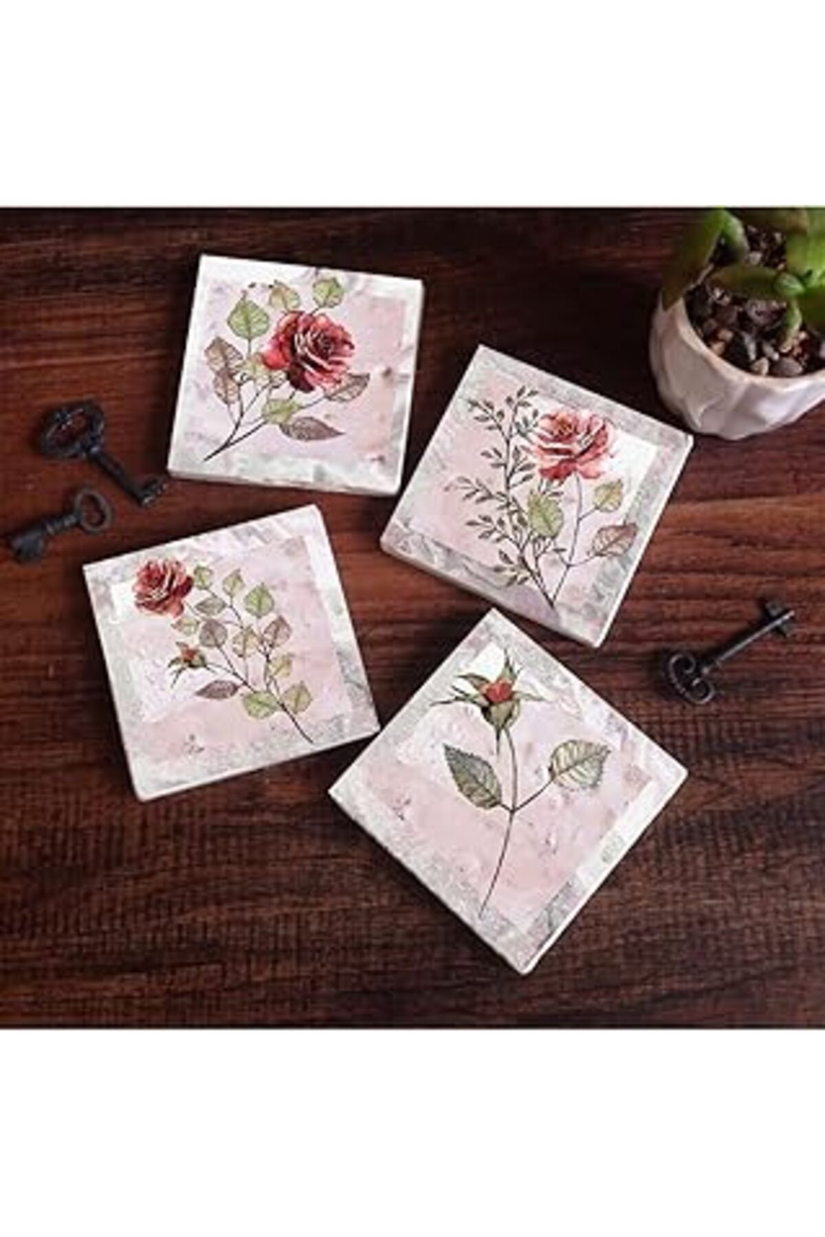 ASİTAN Pinecone Gül Çiçek Taş Bardak Altlığı Seti - 4 Parça - Dekoratif, Rustik Mutfak Aksesuarı, 10X10 Cm