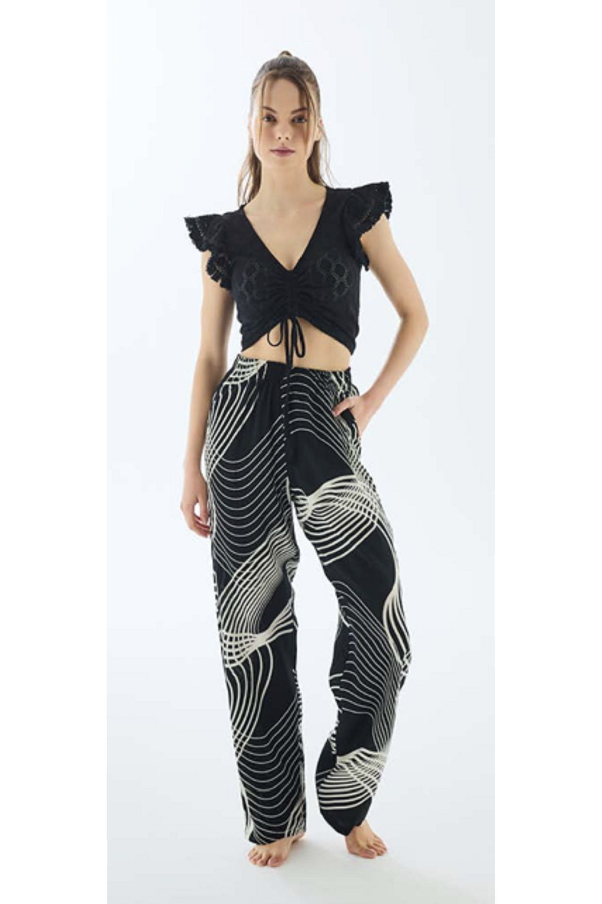 NightLove Anıl 11634 Kadın Crop Pantolon Takım